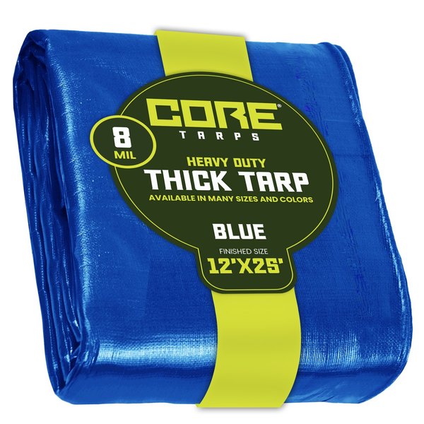 Core Tarps 25 ft L x 0.5 mm H x 12 ft W Heavy Duty 8 Mil Tarp, Blue, Polyethylene CT-405-12X25